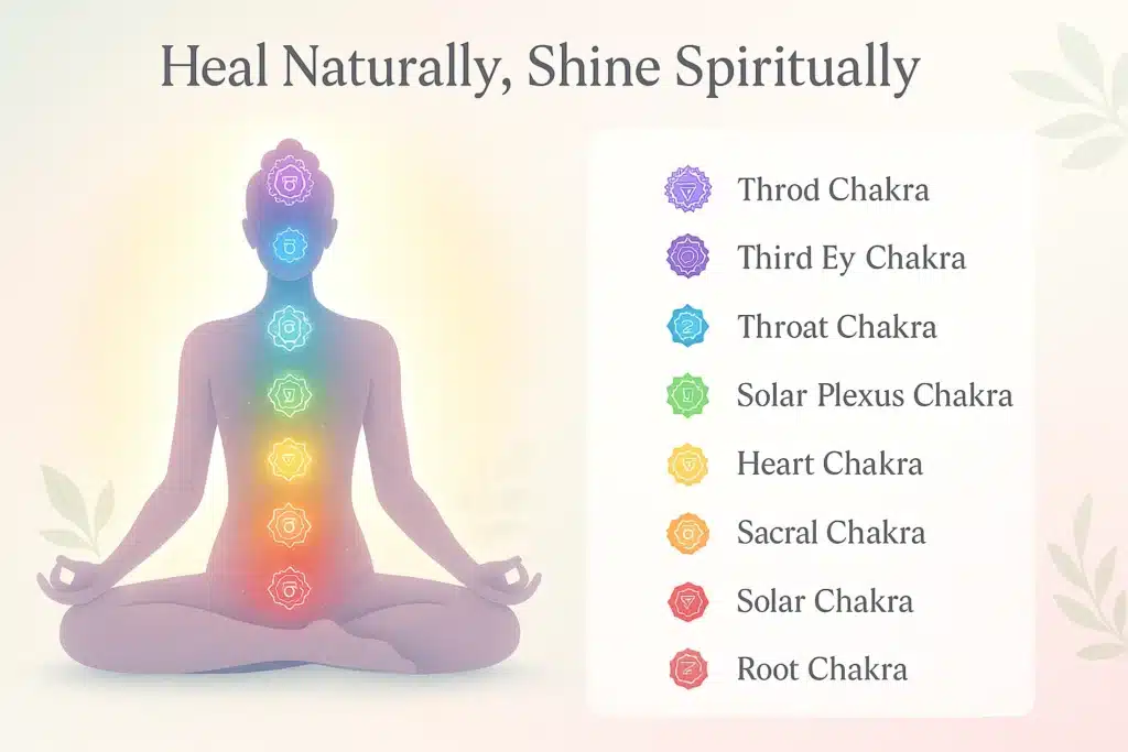 Chakra alignment guide with meditating figure and energy centers labeled