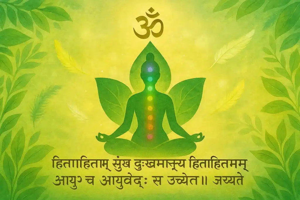 "Meditating figure with chakras and leaves, representing Ayurveda and natural healing"
